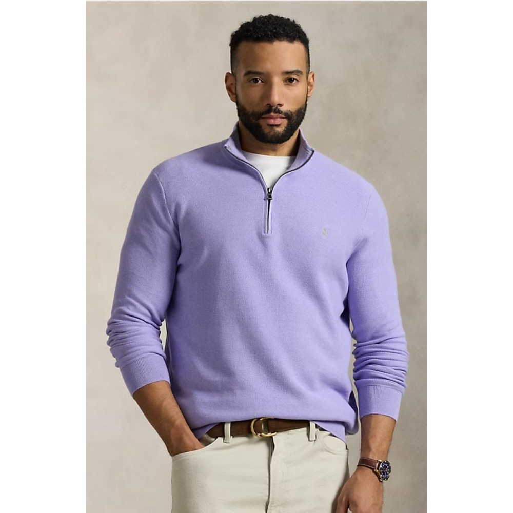 Polo Ralph Lauren Mesh-Knit Cotton  Quarter-Zip SweaterIn Sky Lavander, XXL